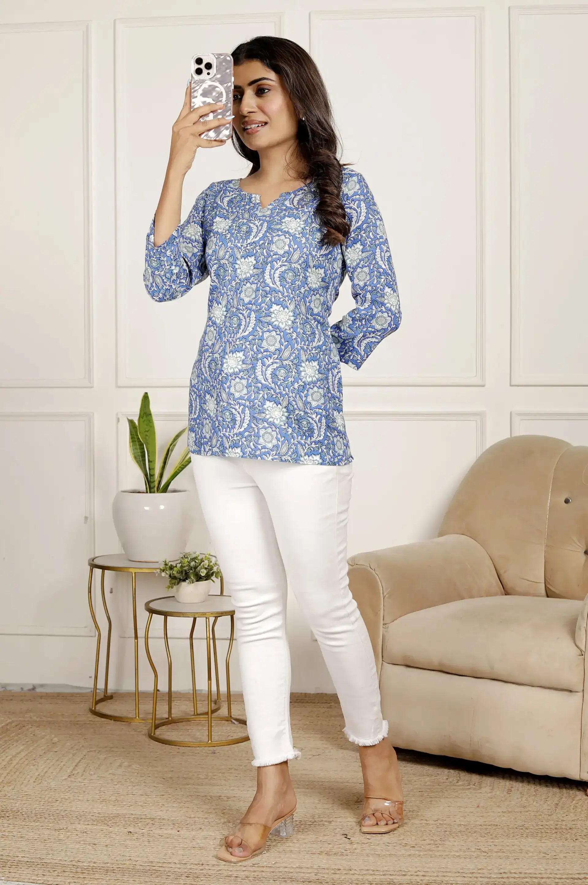 Blue Floral Printed Straight Kurti Top with 3/4 Sleeves & Notch Neck | Elegant Everyday Wear – Lamenda