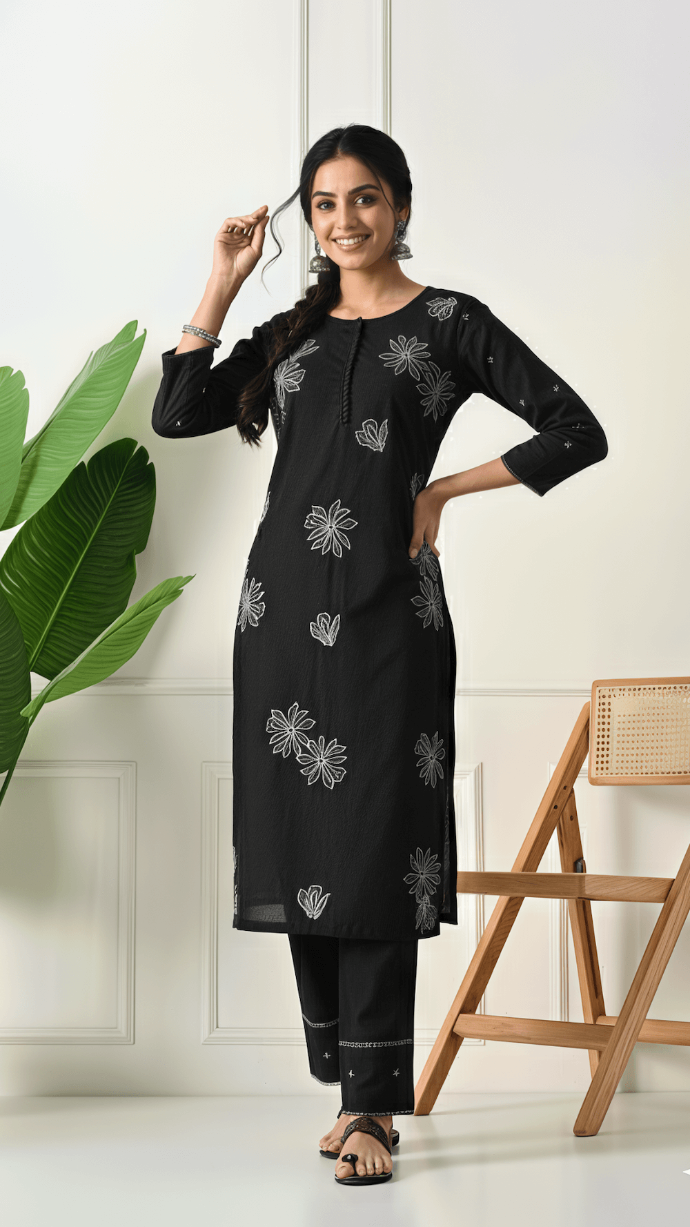 Black Embroidered Cotton Kurta Set for Women | 2-Piece Set with Straight Pants – Lamenda Ethnic Wear