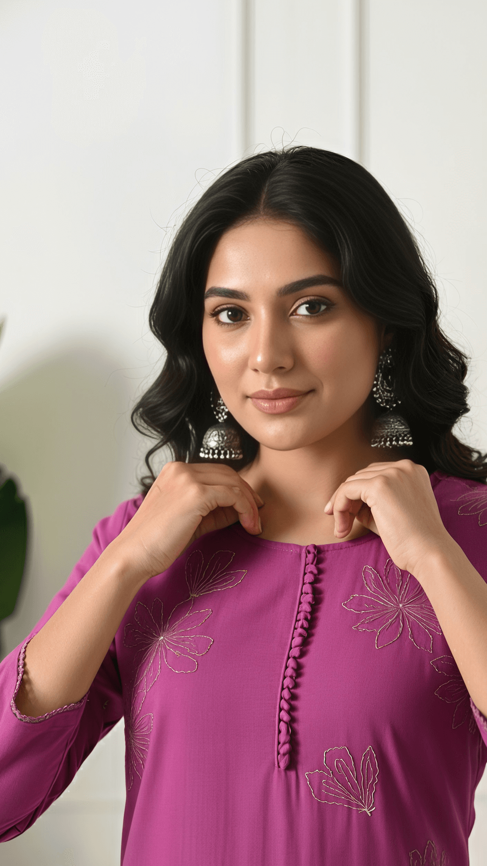 Magenta Embroidered Cotton Kurta Set for Women | 2-Piece Set with Straight Pants – Lamenda Ethnic Wear