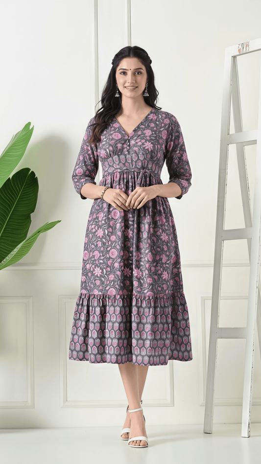 Grey & Pink Floral Printed Cotton Midi Dress for Women | V-Neck Fit & Flare Dress – Lamenda Casual Wear