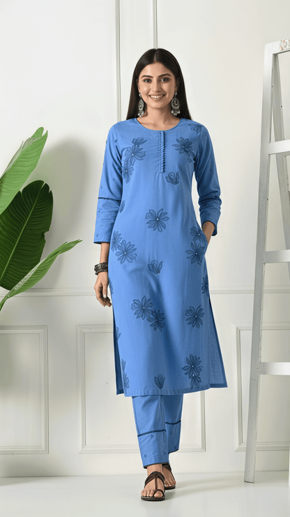 Sky Blue Embroidered Cotton Kurta Set for Women | 2-Piece Set with Straight Pants – Lamenda Ethnic Wear