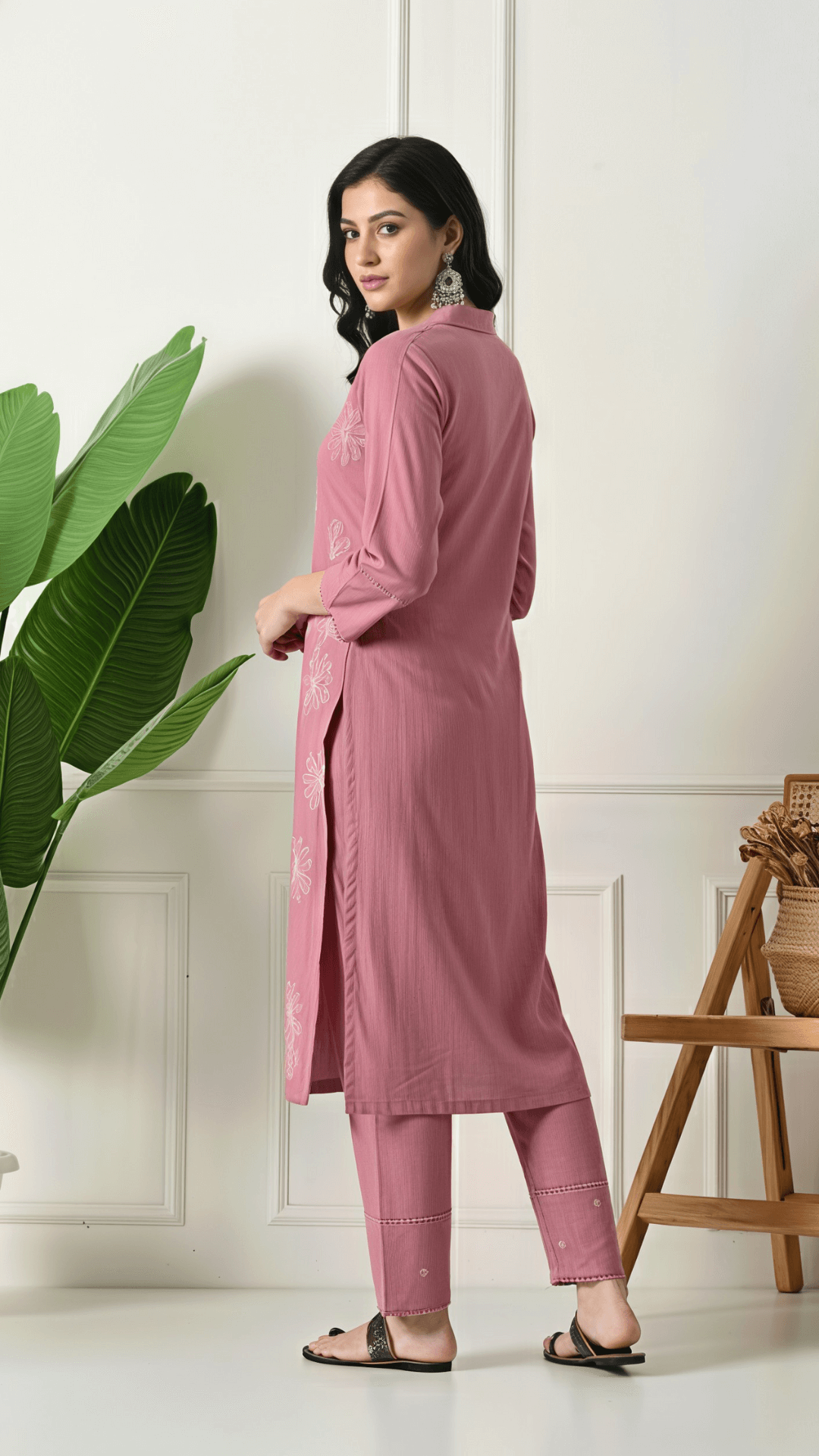 Rose Pink Embroidered Cotton Kurta Set for Women | 2-Piece Set with Straight Pants – Lamenda Ethnic Wear