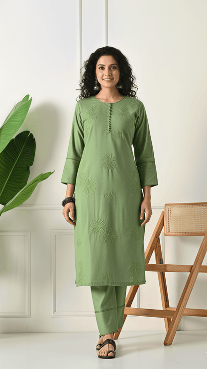 Sage Green Embroidered Cotton Kurta Set for Women | 2-Piece Set with Straight Pants – Lamenda Ethnic Wear