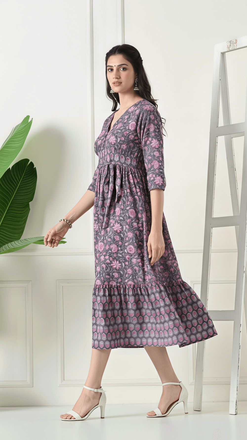 Grey & Pink Floral Printed Cotton Midi Dress for Women | V-Neck Fit & Flare Dress – Lamenda Casual Wear
