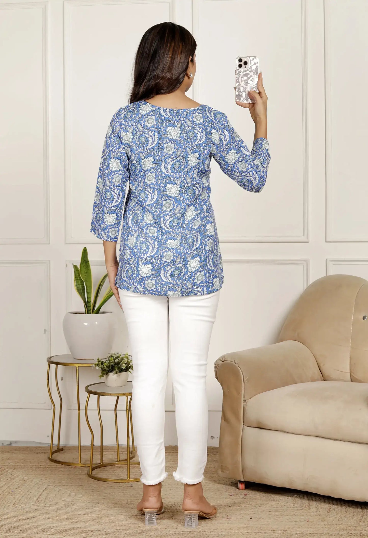 Blue Floral Printed Straight Kurti Top with 3/4 Sleeves & Notch Neck | Elegant Everyday Wear – Lamenda