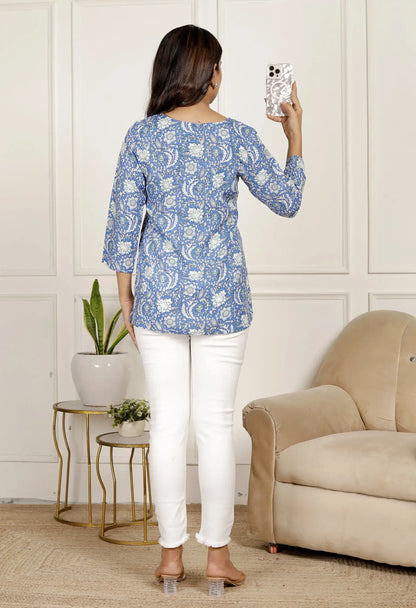 Blue Floral Printed Straight Kurti Top with 3/4 Sleeves & Notch Neck | Elegant Everyday Wear – Lamenda