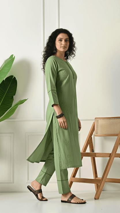 Sage Green Embroidered Cotton Kurta Set for Women | 2-Piece Set with Straight Pants – Lamenda Ethnic Wear