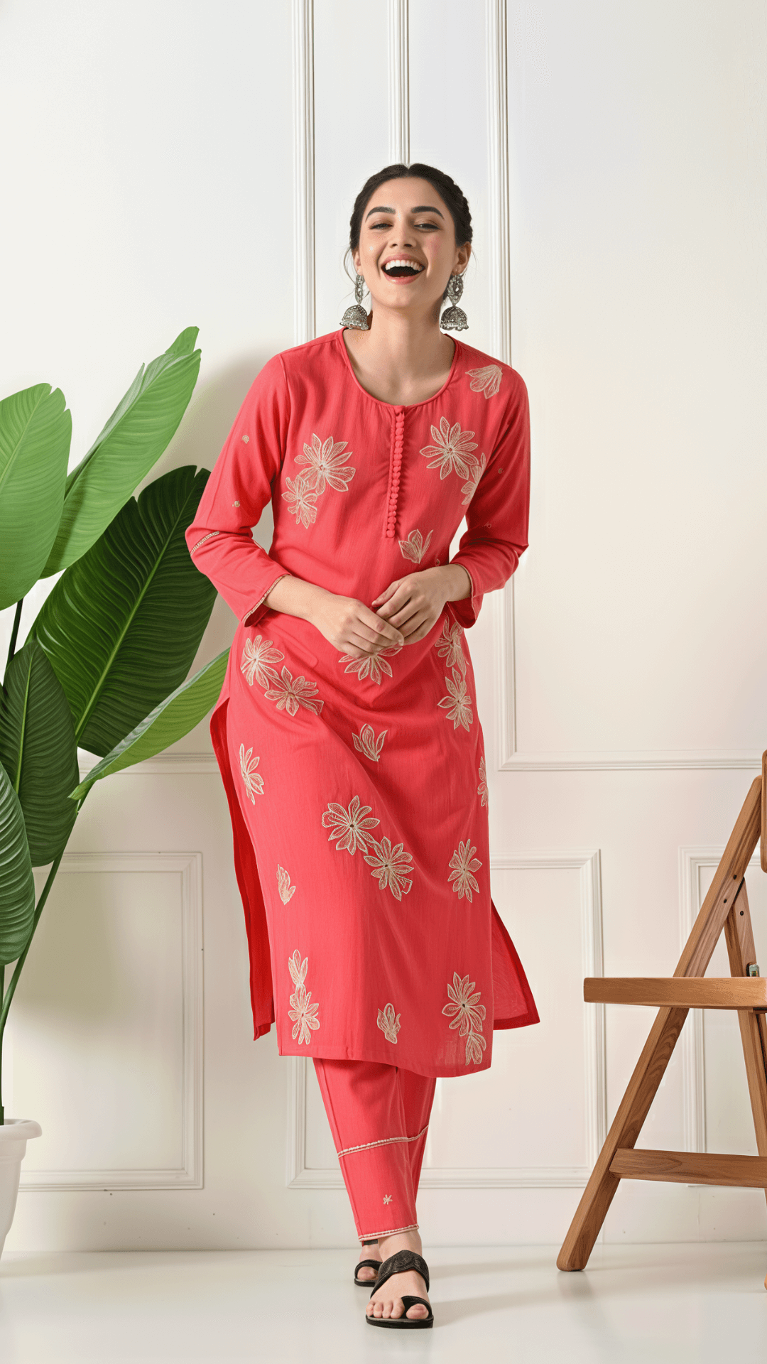 Coral Embroidered Cotton Kurta Set for Women | 2-Piece Set with Straight Pants – Lamenda Ethnic Wear
