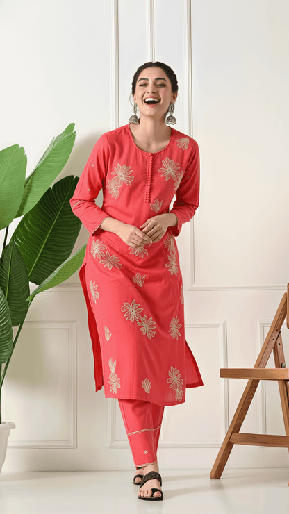 Coral Embroidered Cotton Kurta Set for Women | 2-Piece Set with Straight Pants – Lamenda Ethnic Wear