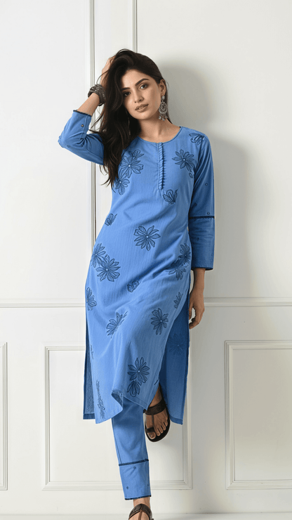 Sky Blue Embroidered Cotton Kurta Set for Women | 2-Piece Set with Straight Pants – Lamenda Ethnic Wear