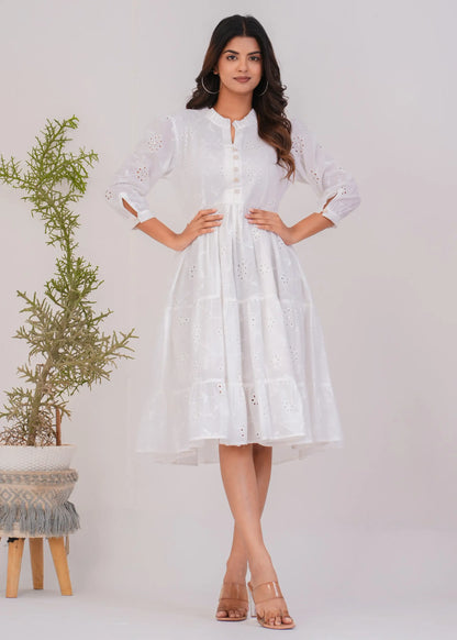 White Cotton Eyelet Fit & Flare Midi Dress for Women | Elegant Summer Look – Lamenda