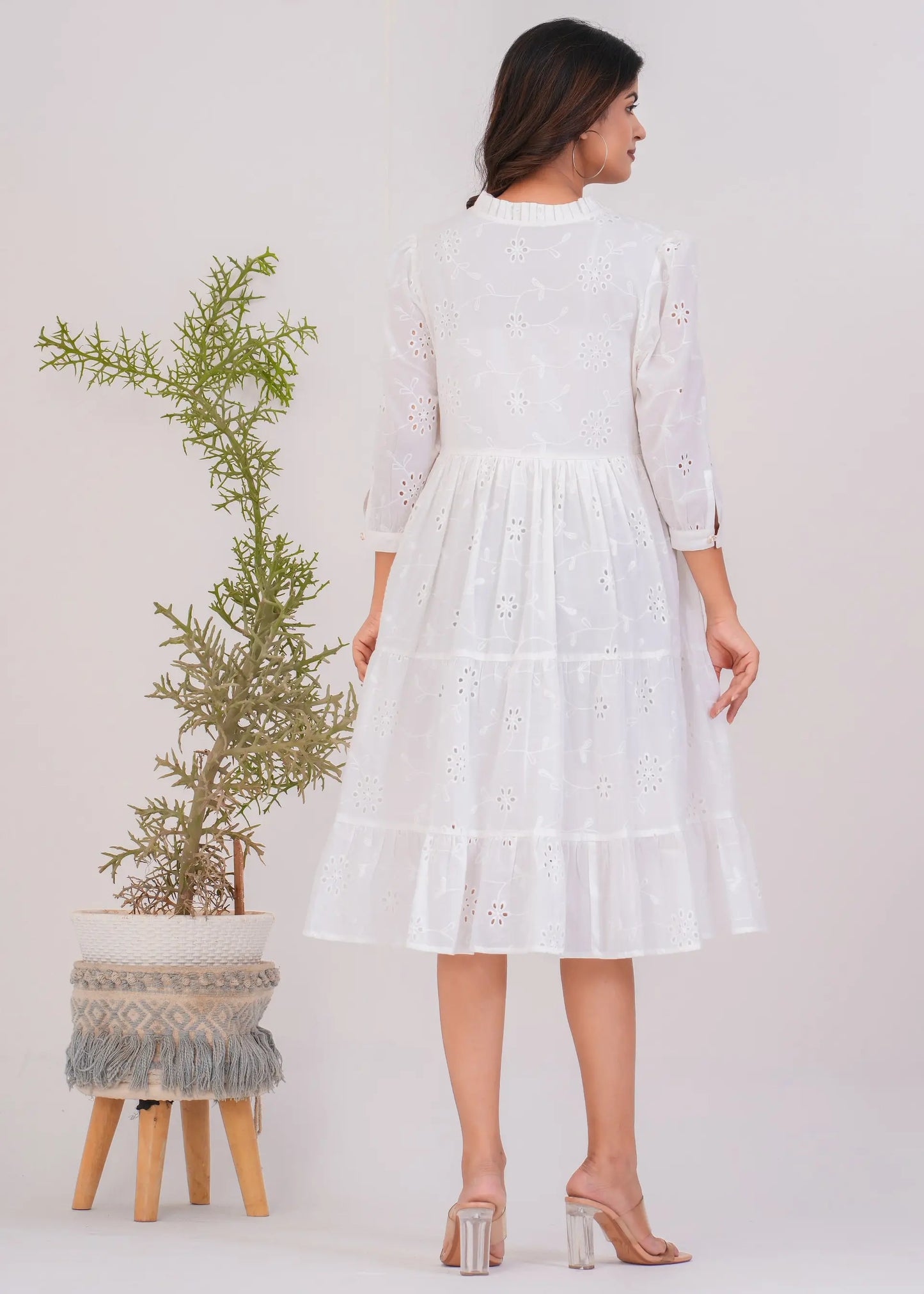White Cotton Eyelet Fit & Flare Midi Dress for Women | Elegant Summer Look – Lamenda