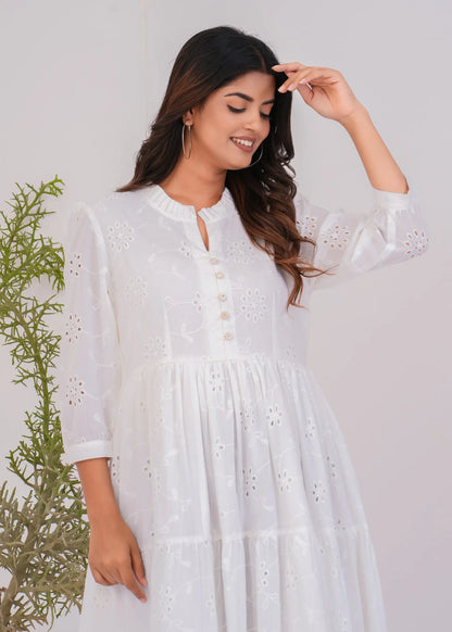 White Cotton Eyelet Fit & Flare Midi Dress for Women | Elegant Summer Look – Lamenda