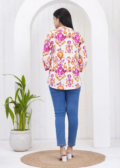 White Abstract Print Collar Neck Top with 3/4th Sleeves | Soft Cotton Casual Wear – Lamenda