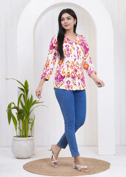 White Abstract Print Collar Neck Top with 3/4th Sleeves | Soft Cotton Casual Wear – Lamenda