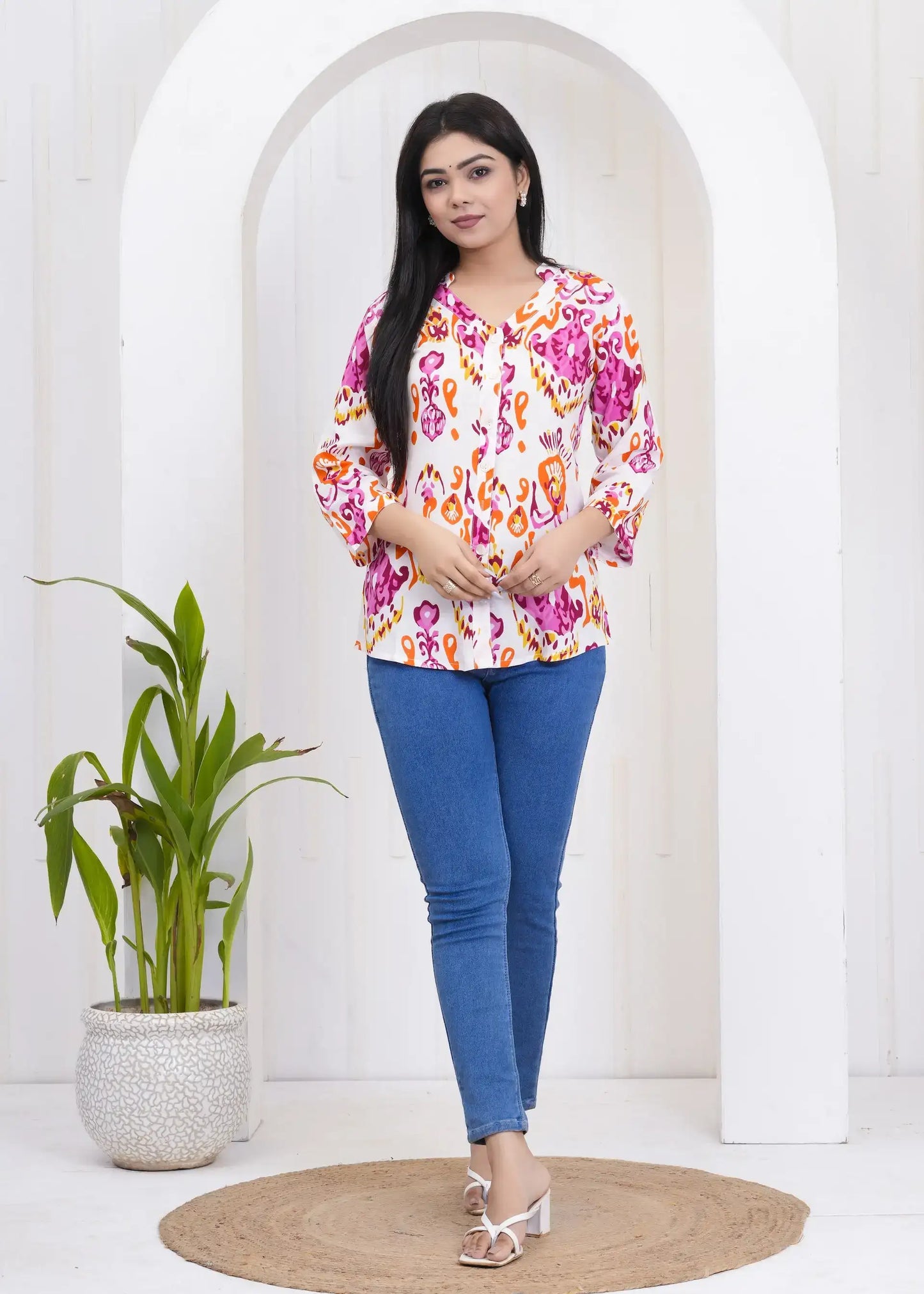 White Abstract Print Collar Neck Top with 3/4th Sleeves | Soft Cotton Casual Wear – Lamenda