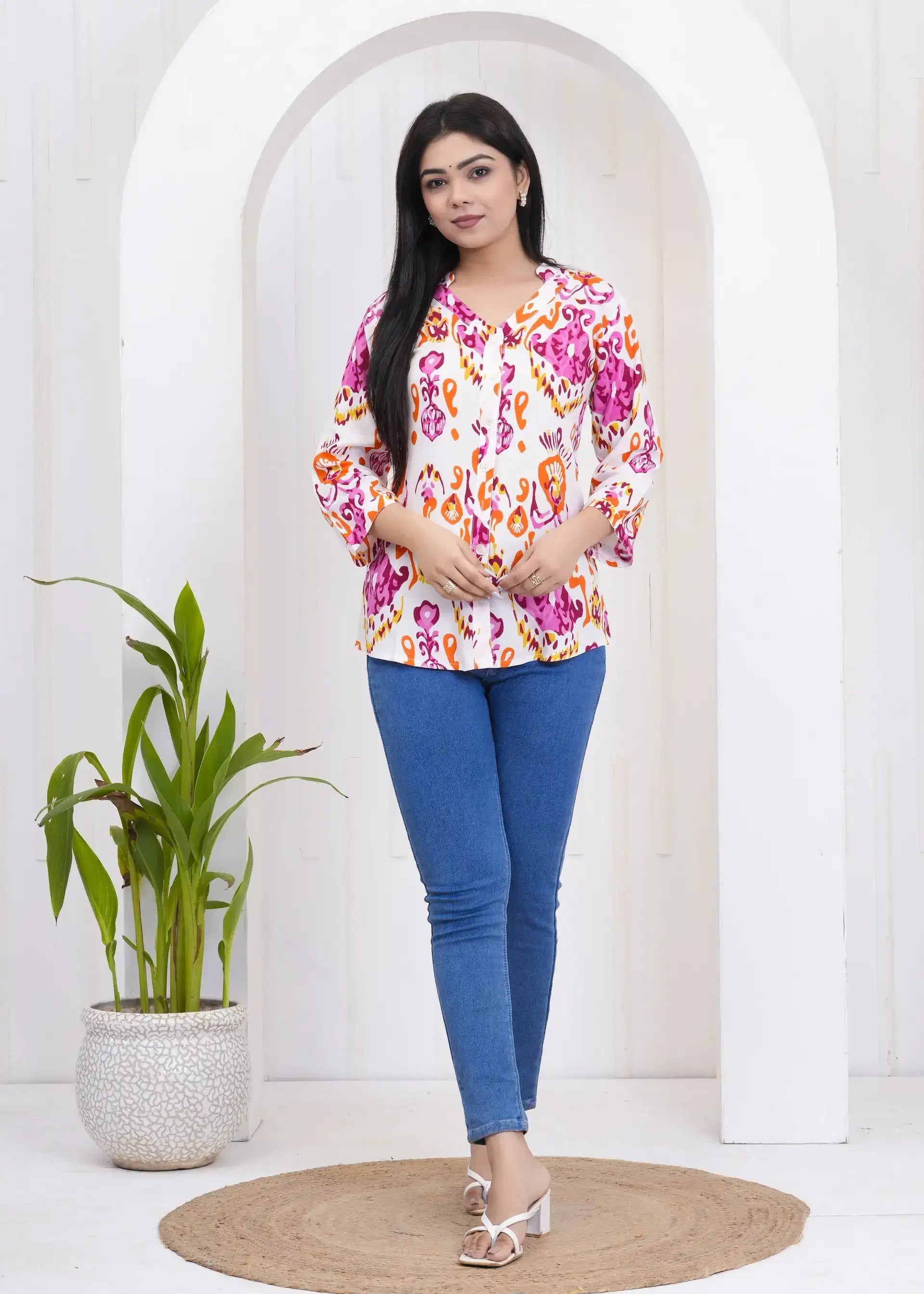 White Abstract Print Collar Neck Top with 3/4th Sleeves | Soft Cotton Casual Wear – Lamenda