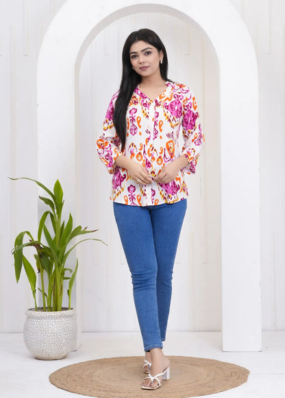 White Abstract Print Collar Neck Top with 3/4th Sleeves | Soft Cotton Casual Wear – Lamenda