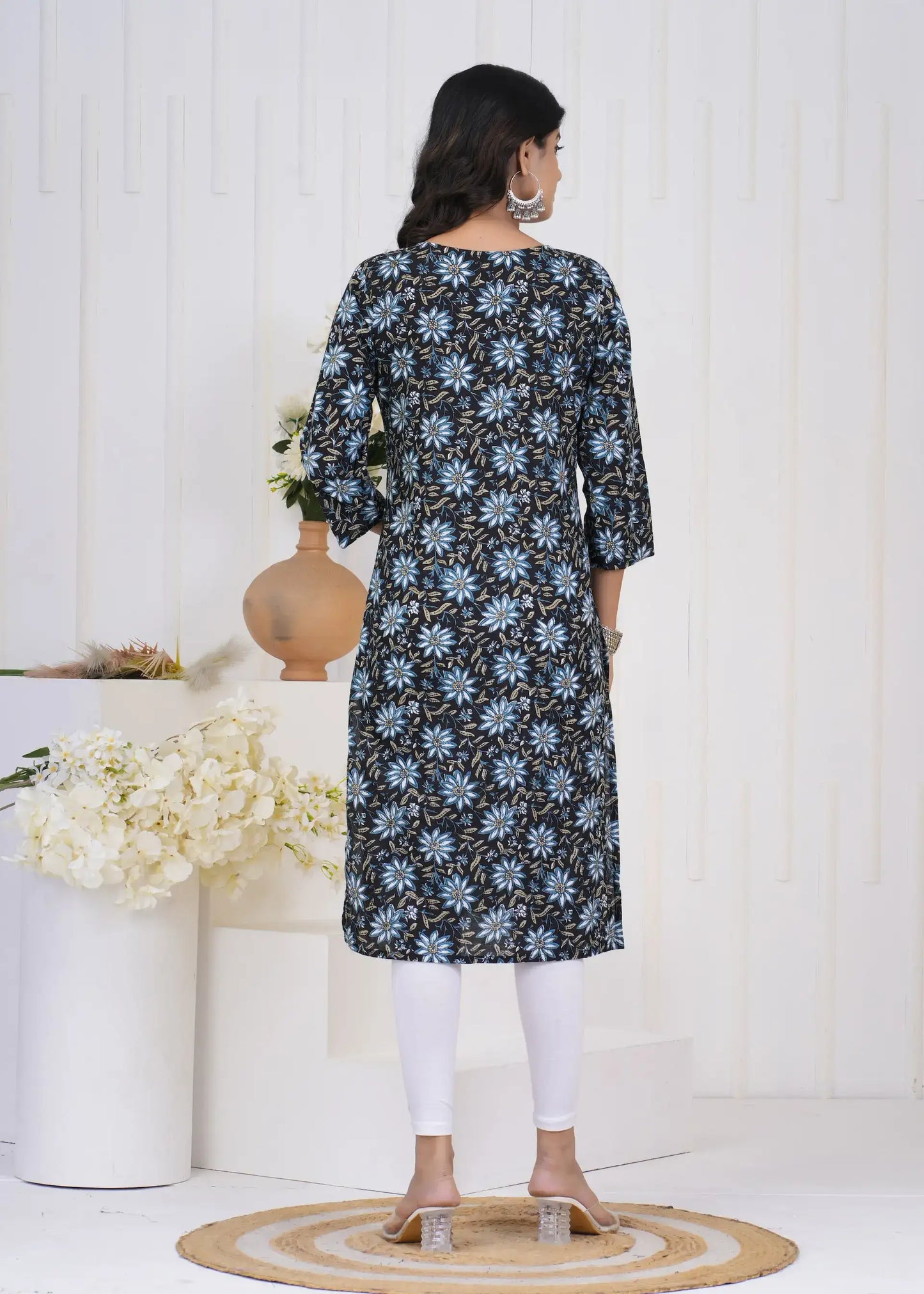 Black Floral V-Neck Straight Kurta with 3/4th Sleeves | Soft Cotton Casual Wear – Lamenda