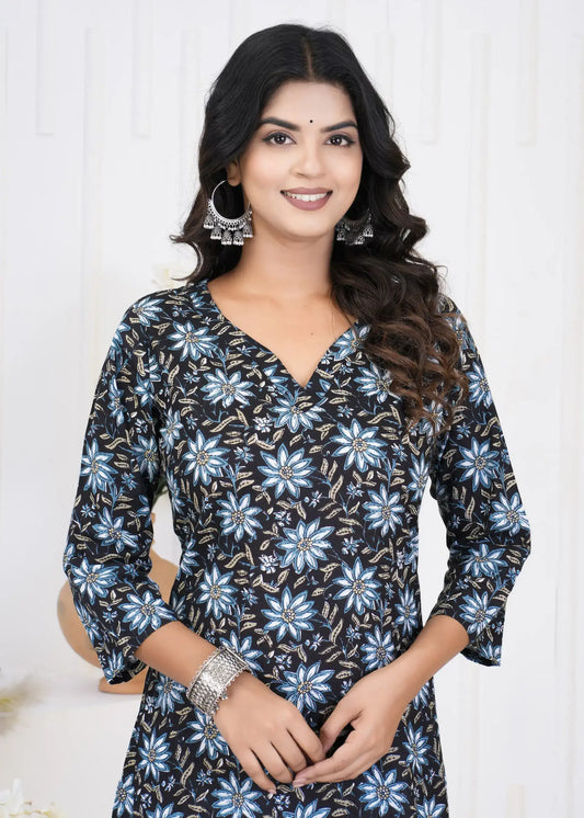 Black Floral V-Neck Straight Kurta with 3/4th Sleeves | Soft Cotton Casual Wear – Lamenda