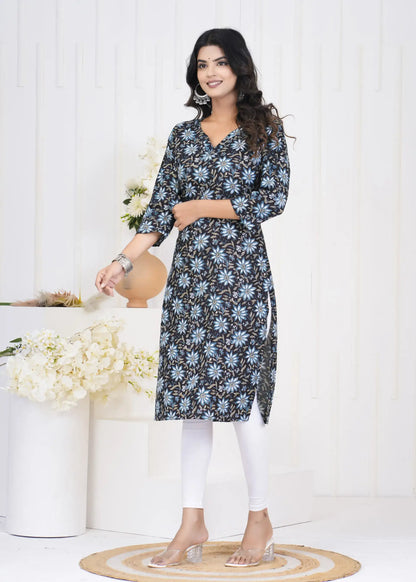 Black Floral V-Neck Straight Kurta with 3/4th Sleeves | Soft Cotton Casual Wear – Lamenda