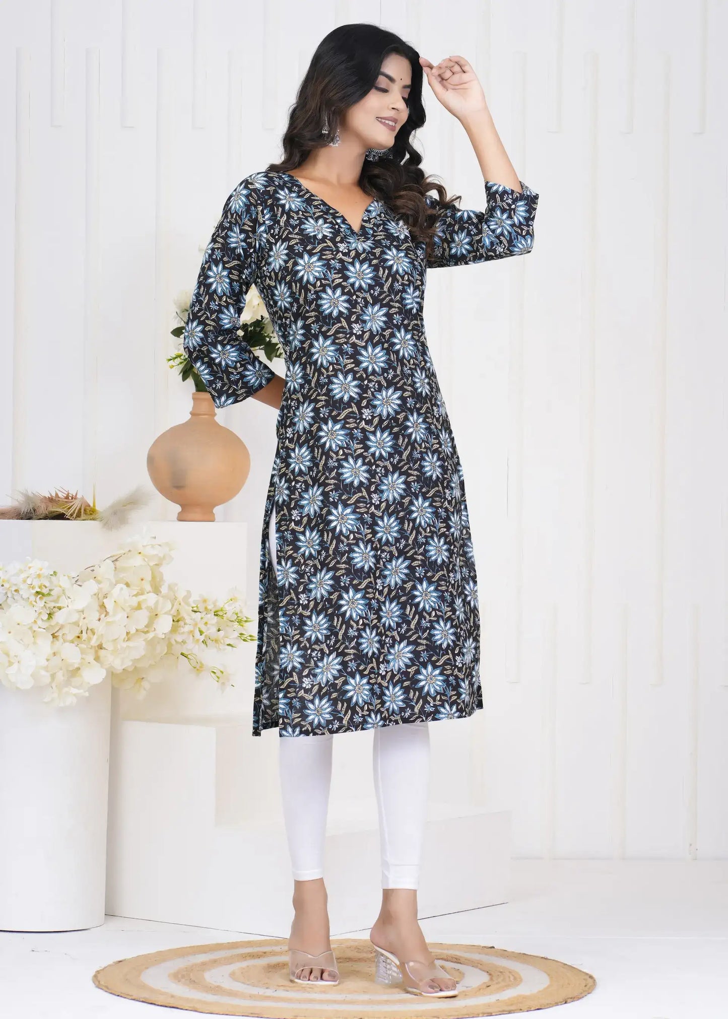 Black Floral V-Neck Straight Kurta with 3/4th Sleeves | Soft Cotton Casual Wear – Lamenda