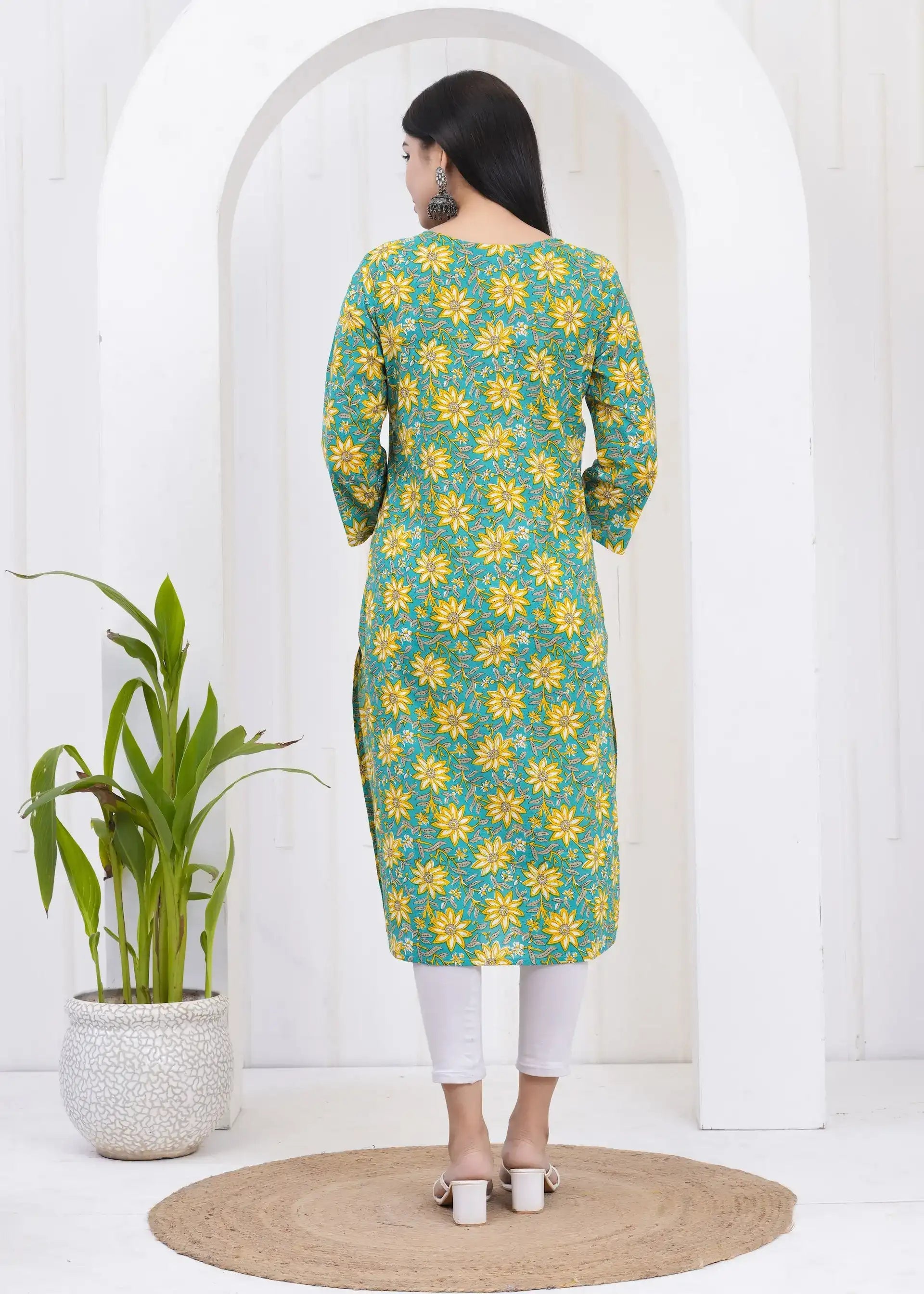 Green Floral Print V-Neck Straight Kurti with 3/4th Sleeves | Soft Cotton Casual Wear – Lamenda