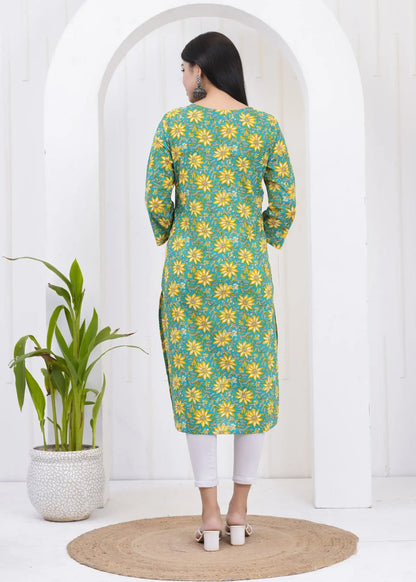 Green Floral Print V-Neck Straight Kurti with 3/4th Sleeves | Soft Cotton Casual Wear – Lamenda
