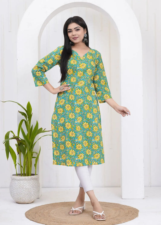 Green Floral Print V-Neck Straight Kurti with 3/4th Sleeves | Soft Cotton Casual Wear – Lamenda