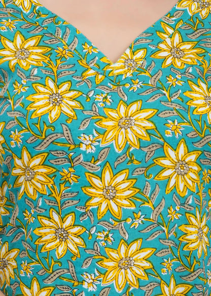 Green Floral Print V-Neck Straight Kurti with 3/4th Sleeves | Soft Cotton Casual Wear – Lamenda