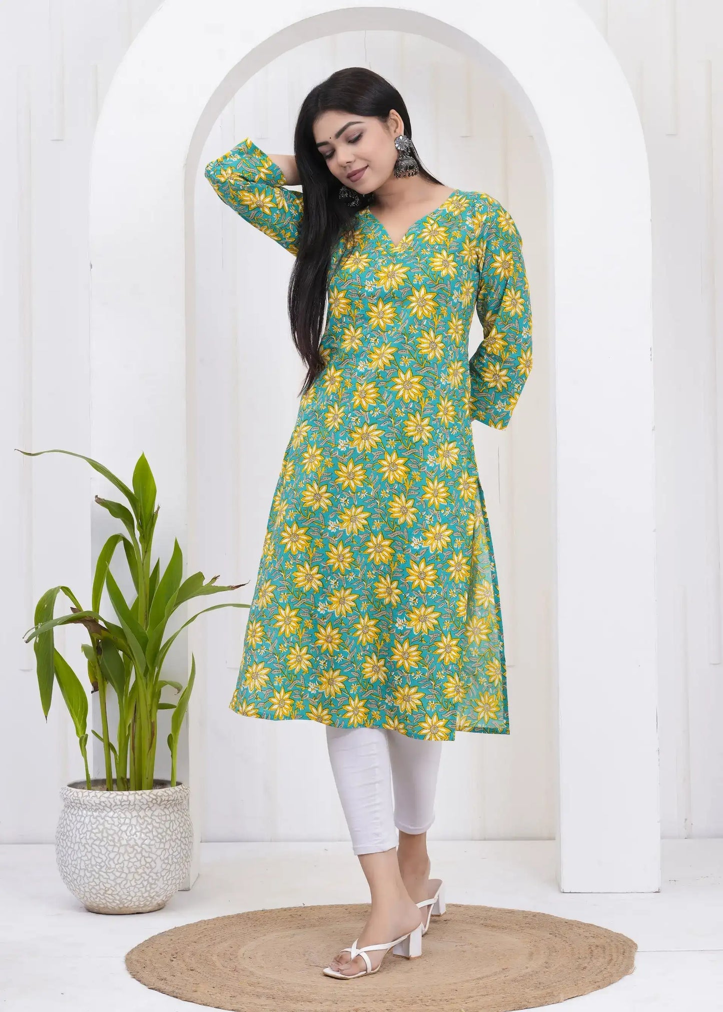 Green Floral Print V-Neck Straight Kurti with 3/4th Sleeves | Soft Cotton Casual Wear – Lamenda