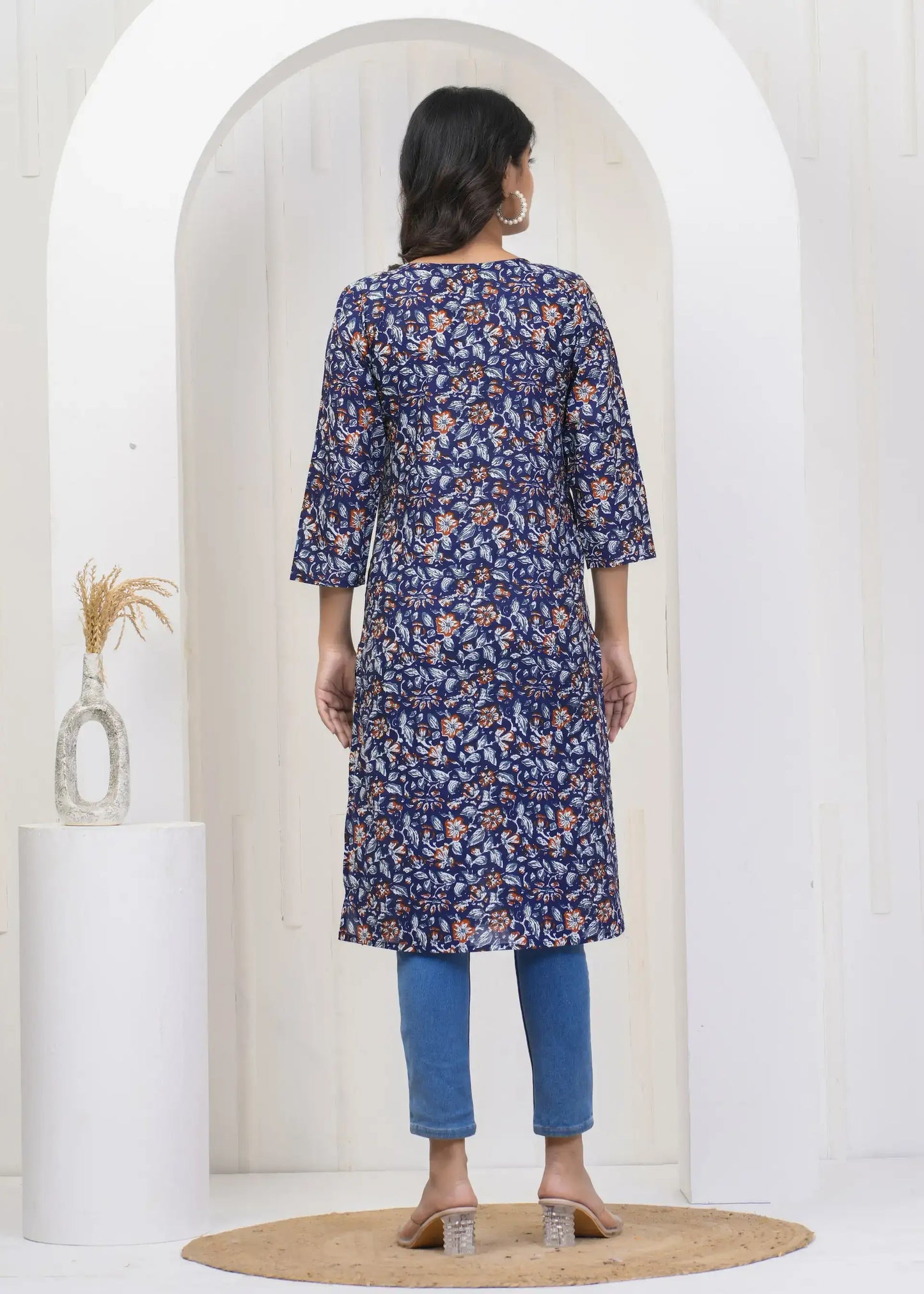 Navy Blue Floral Print V-Neck Straight Kurti with 3/4th Sleeves | Soft Cotton Casual Wear – Lamenda