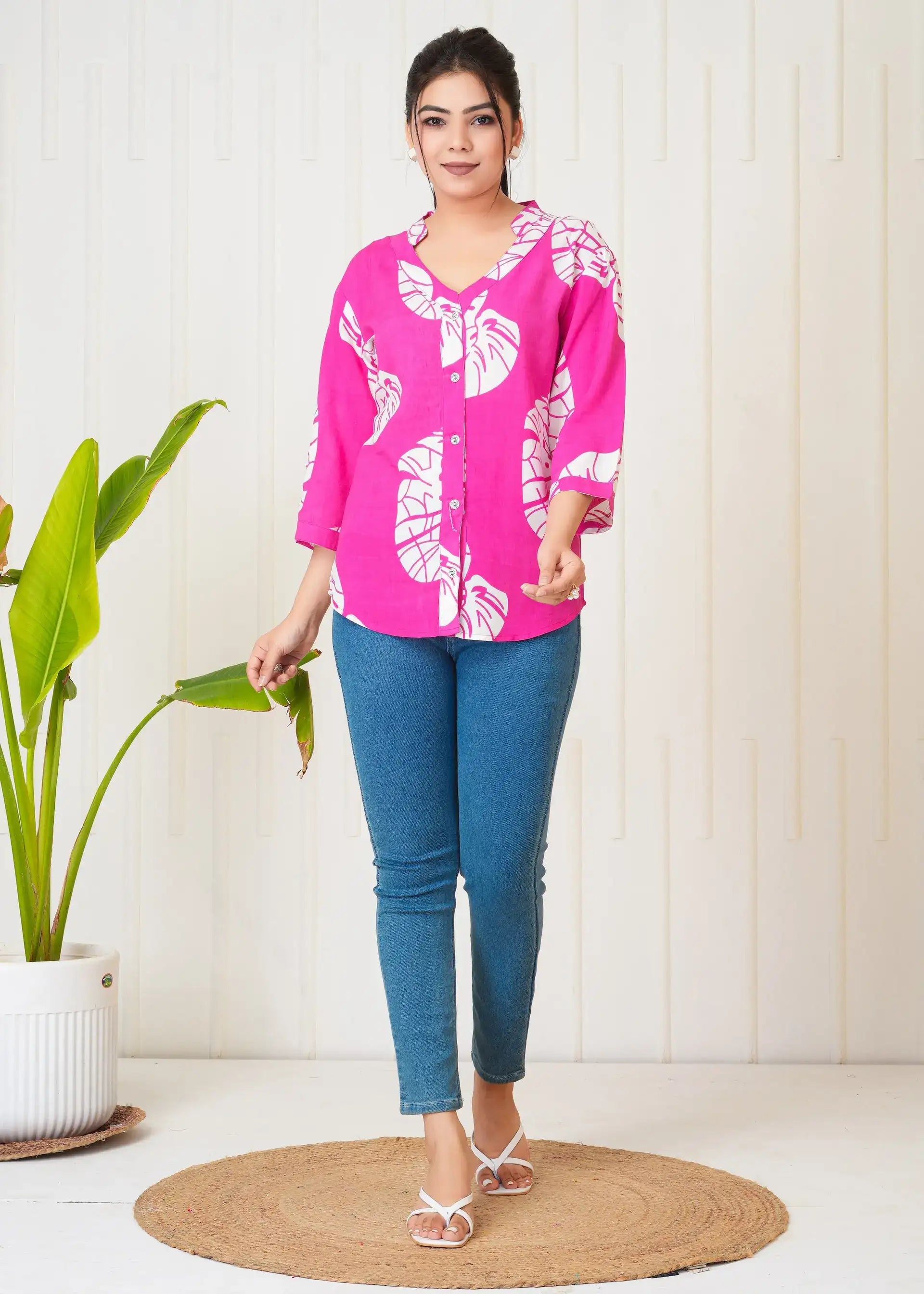 Pink & White Leaf Print Button-Down Shirt Top for Women | Stylish Casual Tops – Lamenda