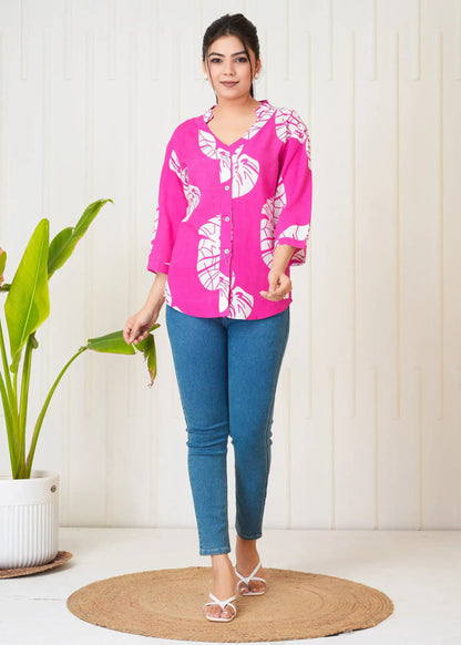Pink & White Leaf Print Button-Down Shirt Top for Women | Stylish Casual Tops – Lamenda
