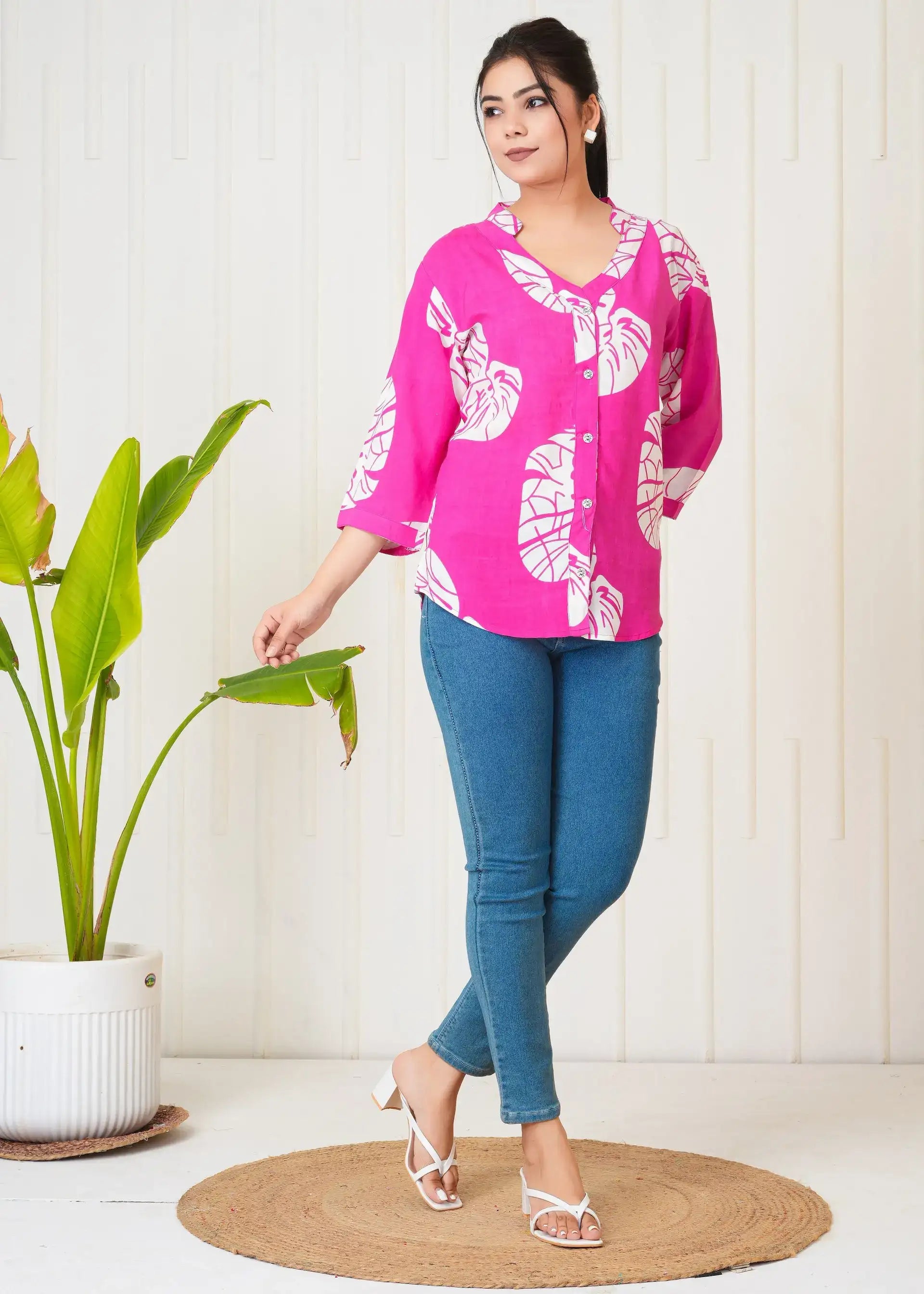 Pink & White Leaf Print Button-Down Shirt Top for Women | Stylish Casual Tops – Lamenda