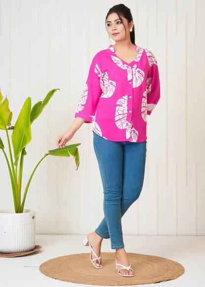 Pink & White Leaf Print Button-Down Shirt Top for Women | Stylish Casual Tops – Lamenda