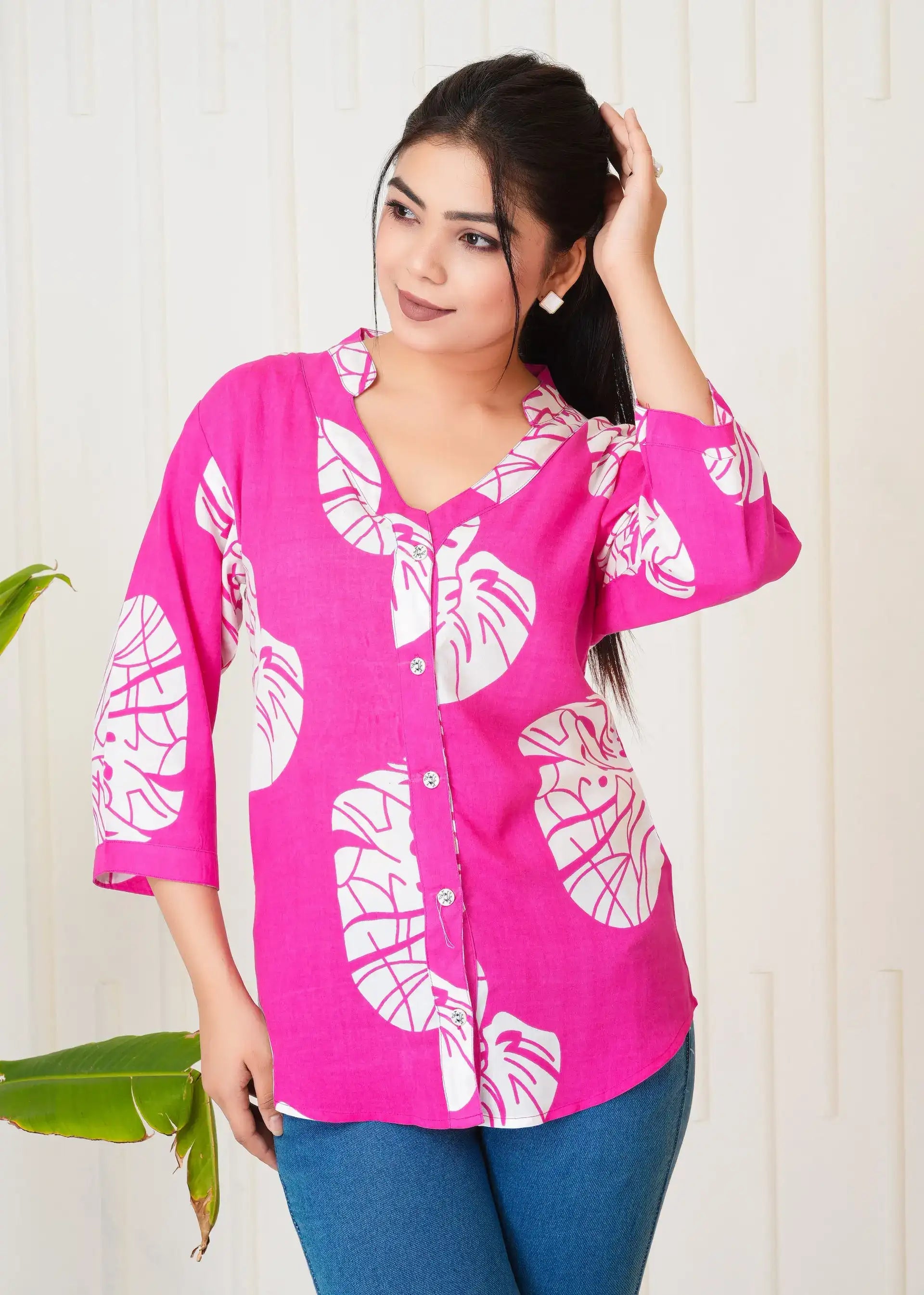 Pink & White Leaf Print Button-Down Shirt Top for Women | Stylish Casual Tops – Lamenda