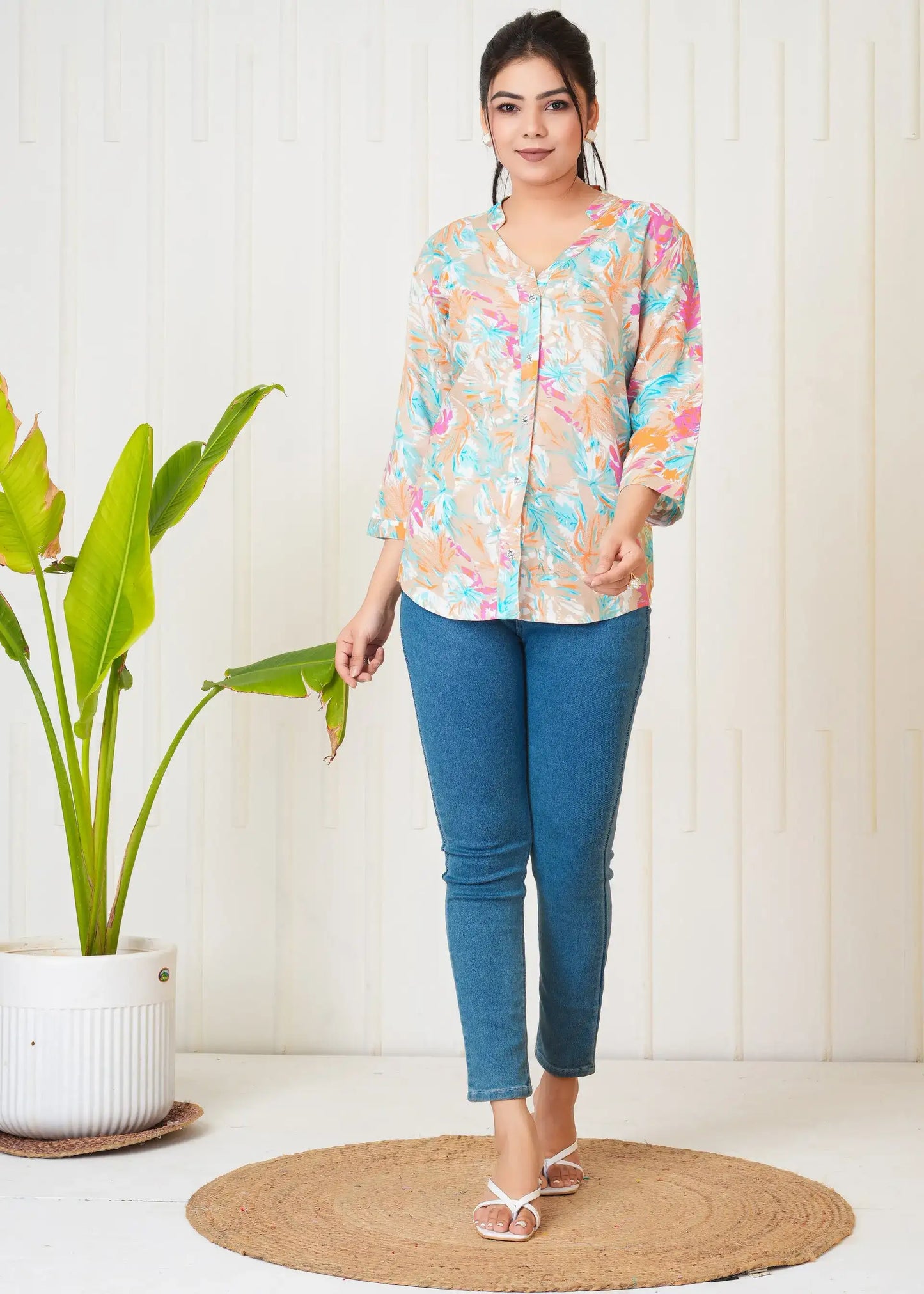 Multicolor Abstract Floral Print Shirt Top for Women | Stylish Button-Down Casual Wear – Lamenda