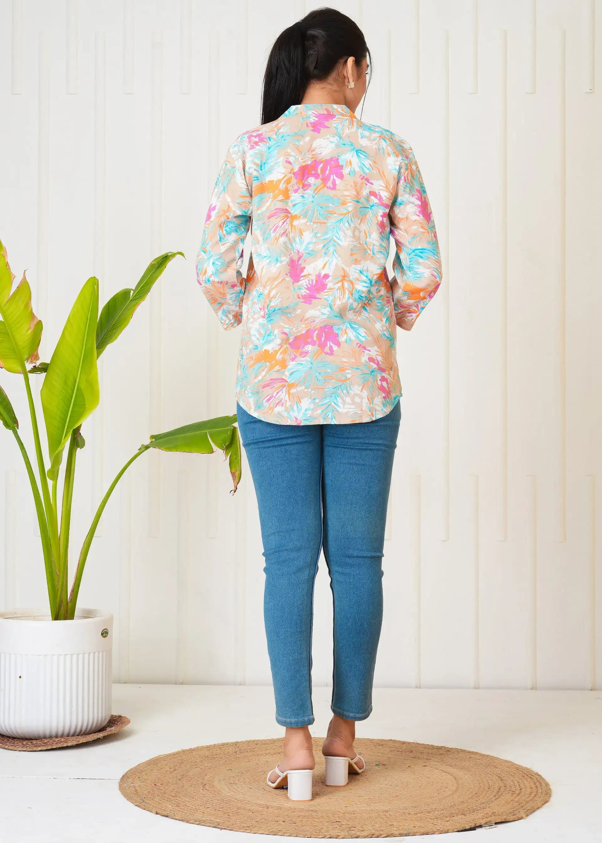 Multicolor Abstract Floral Print Shirt Top for Women | Stylish Button-Down Casual Wear – Lamenda