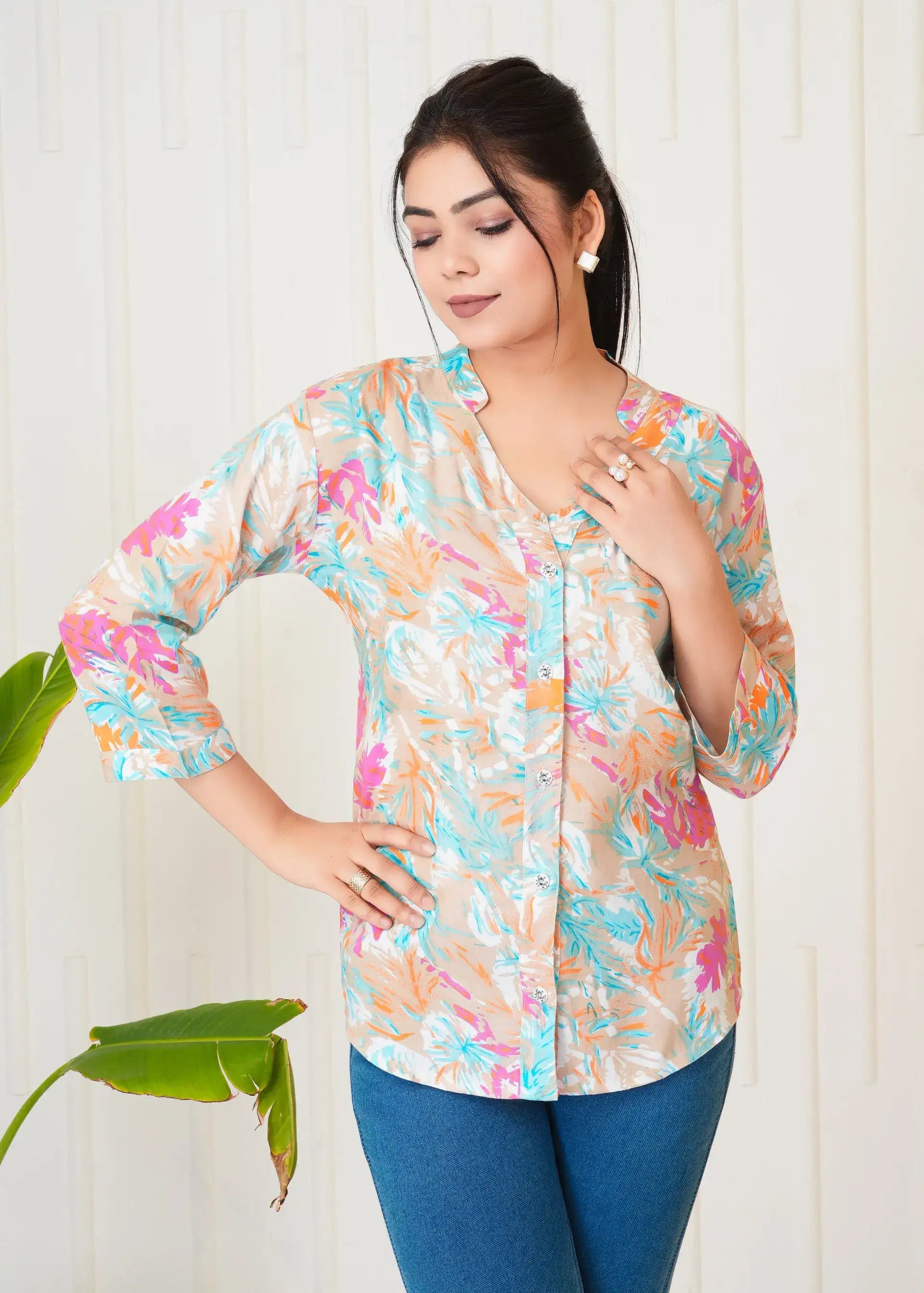 Multicolor Abstract Floral Print Shirt Top for Women | Stylish Button-Down Casual Wear – Lamenda