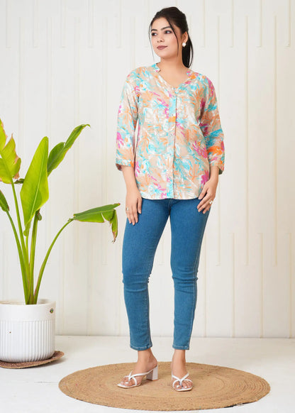 Multicolor Abstract Floral Print Shirt Top for Women | Stylish Button-Down Casual Wear – Lamenda