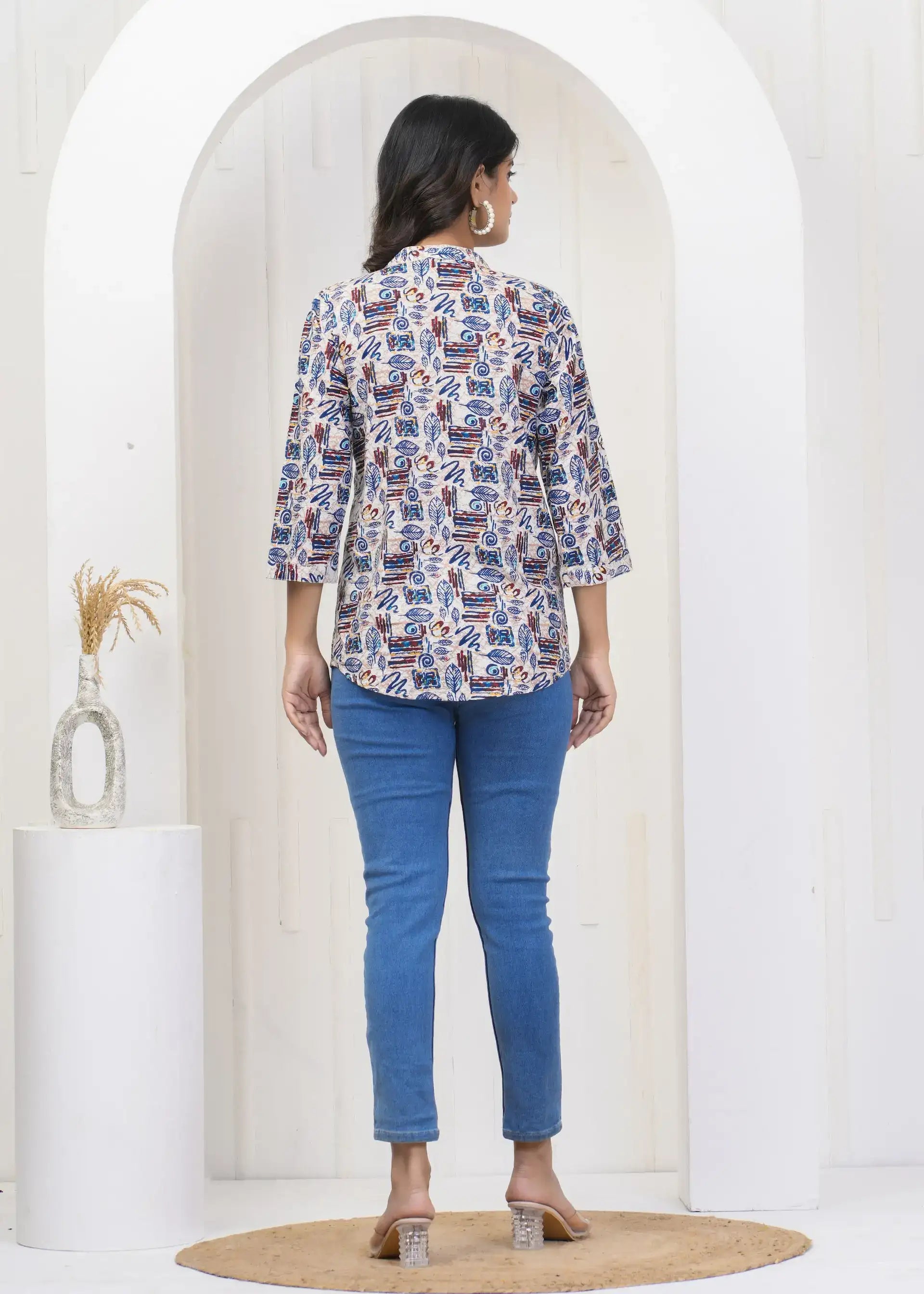 Multicolor Abstract Print Collar Neck Top with 3/4th Sleeves | Soft Cotton Casual Wear – Lamenda