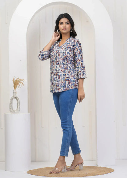 Multicolor Abstract Print Collar Neck Top with 3/4th Sleeves | Soft Cotton Casual Wear – Lamenda