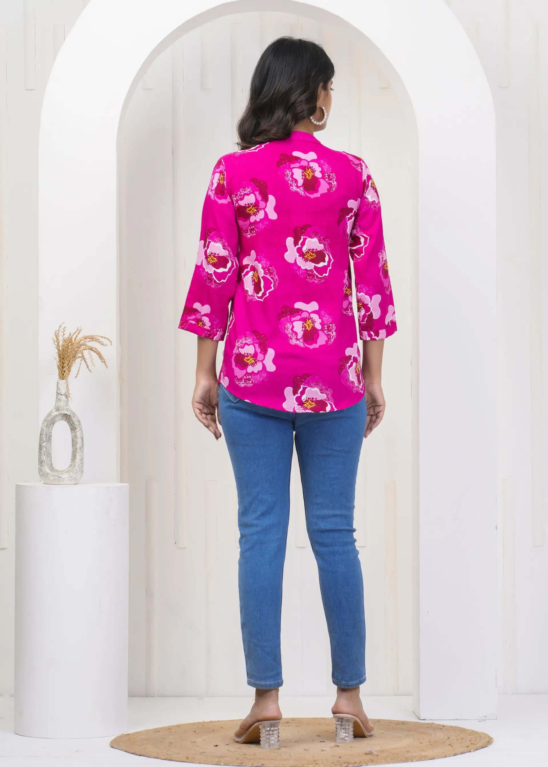 Pink Floral Print Collar Neck Top with 3/4th Sleeves | Soft Cotton Casual Wear – Lamenda