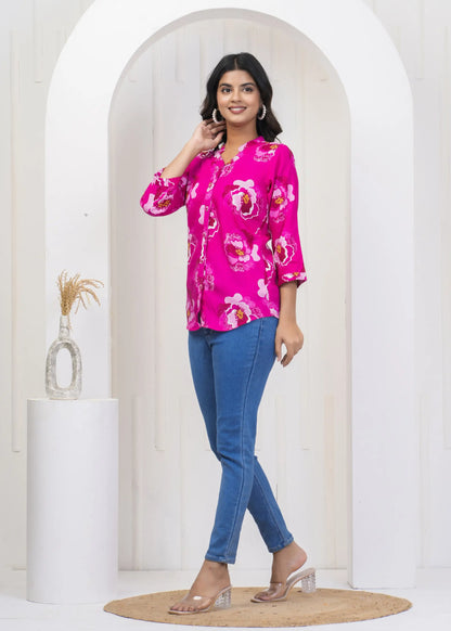 Pink Floral Print Collar Neck Top with 3/4th Sleeves | Soft Cotton Casual Wear – Lamenda