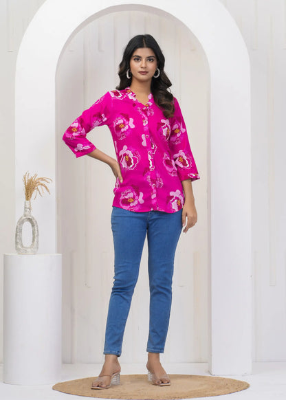 Pink Floral Print Collar Neck Top with 3/4th Sleeves | Soft Cotton Casual Wear – Lamenda