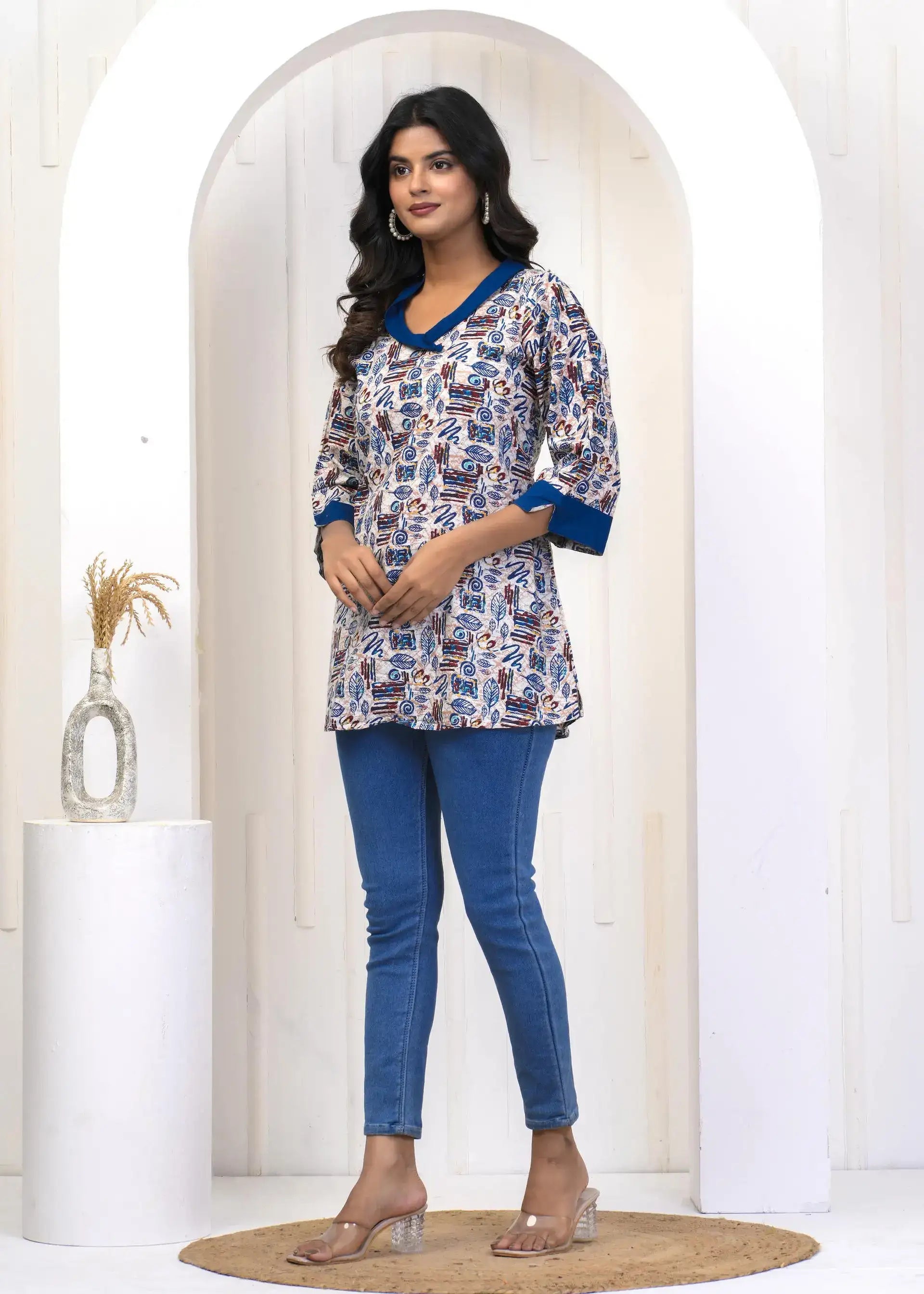 Blue Abstract Printed Cotton Tunic with Contrast Detailing | Casual Wear Top – Lamenda