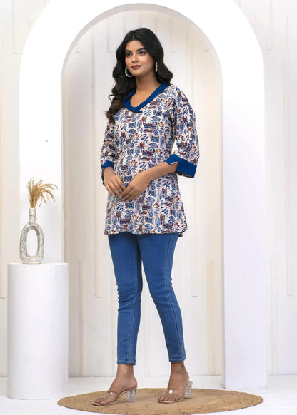 Blue Abstract Printed Cotton Tunic with Contrast Detailing | Casual Wear Top – Lamenda