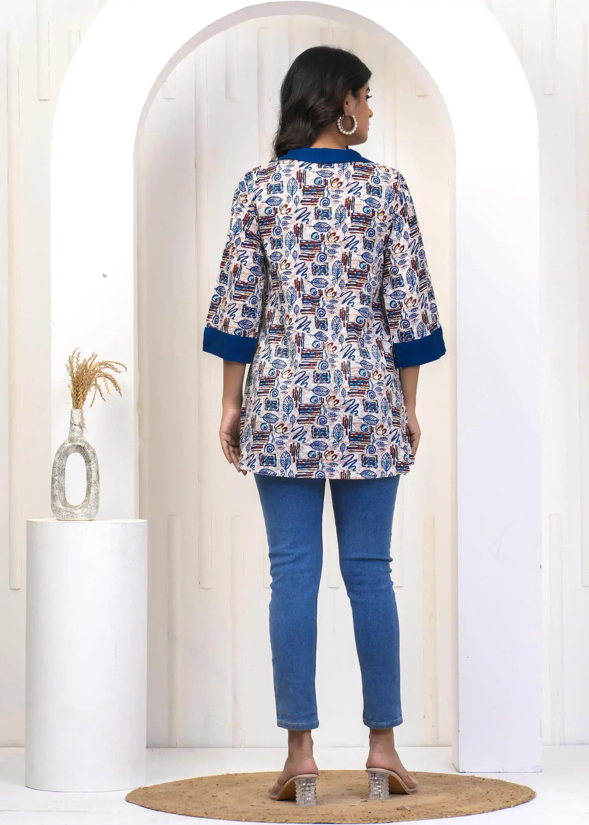 Blue Abstract Printed Cotton Tunic with Contrast Detailing | Casual Wear Top – Lamenda