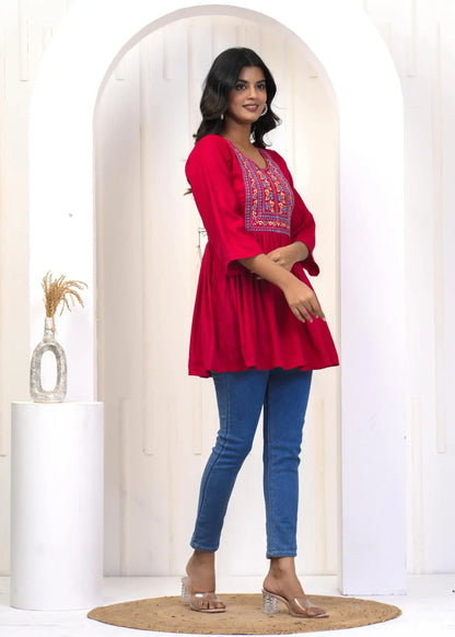 Rani Pink Embroidered Round Neck Maternity-Friendly Empire Top with 3/4th Sleeves | Soft Cotton Casual Wear – Lamenda